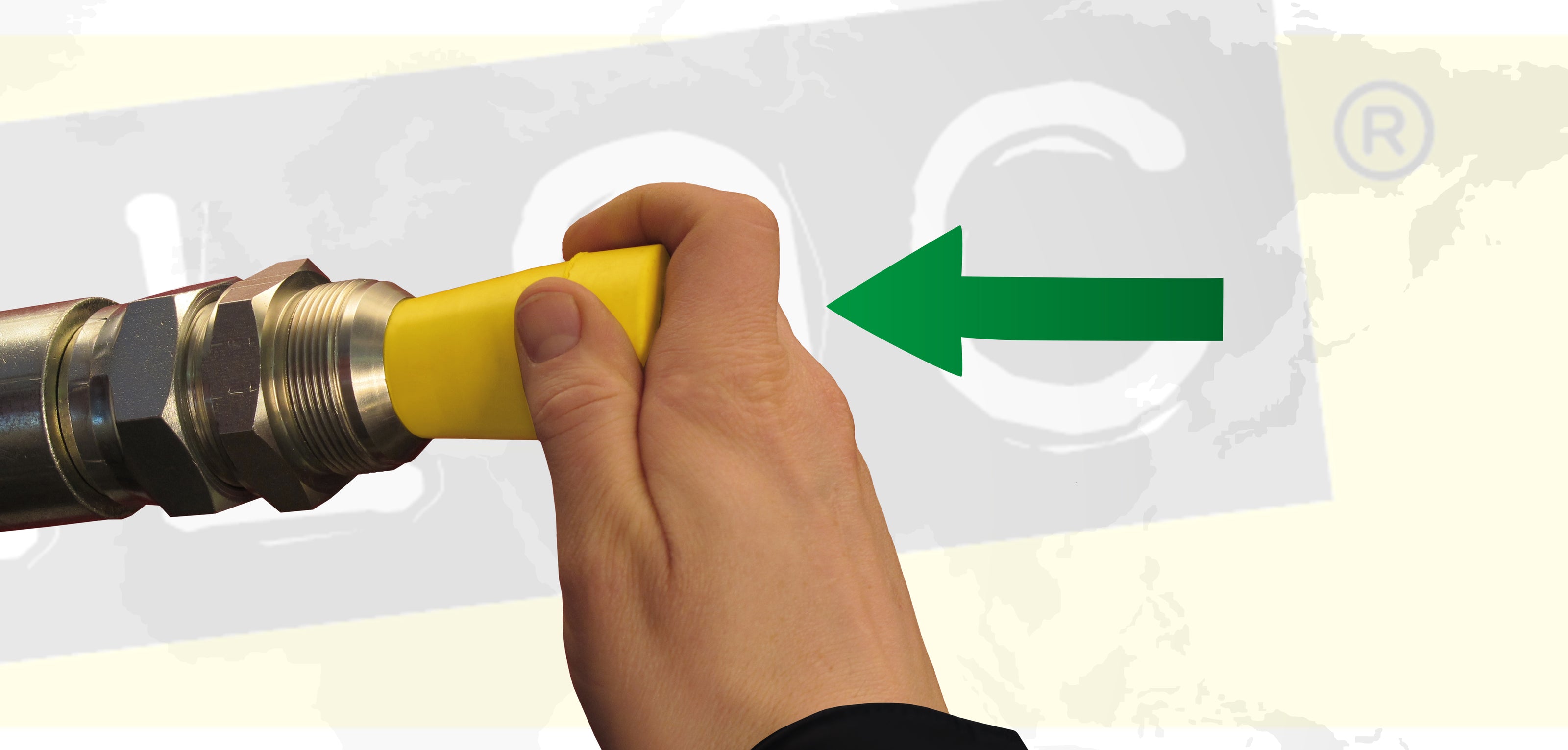 Sealing a hydraulic hose with a Yelloc plug for instant leak protection.