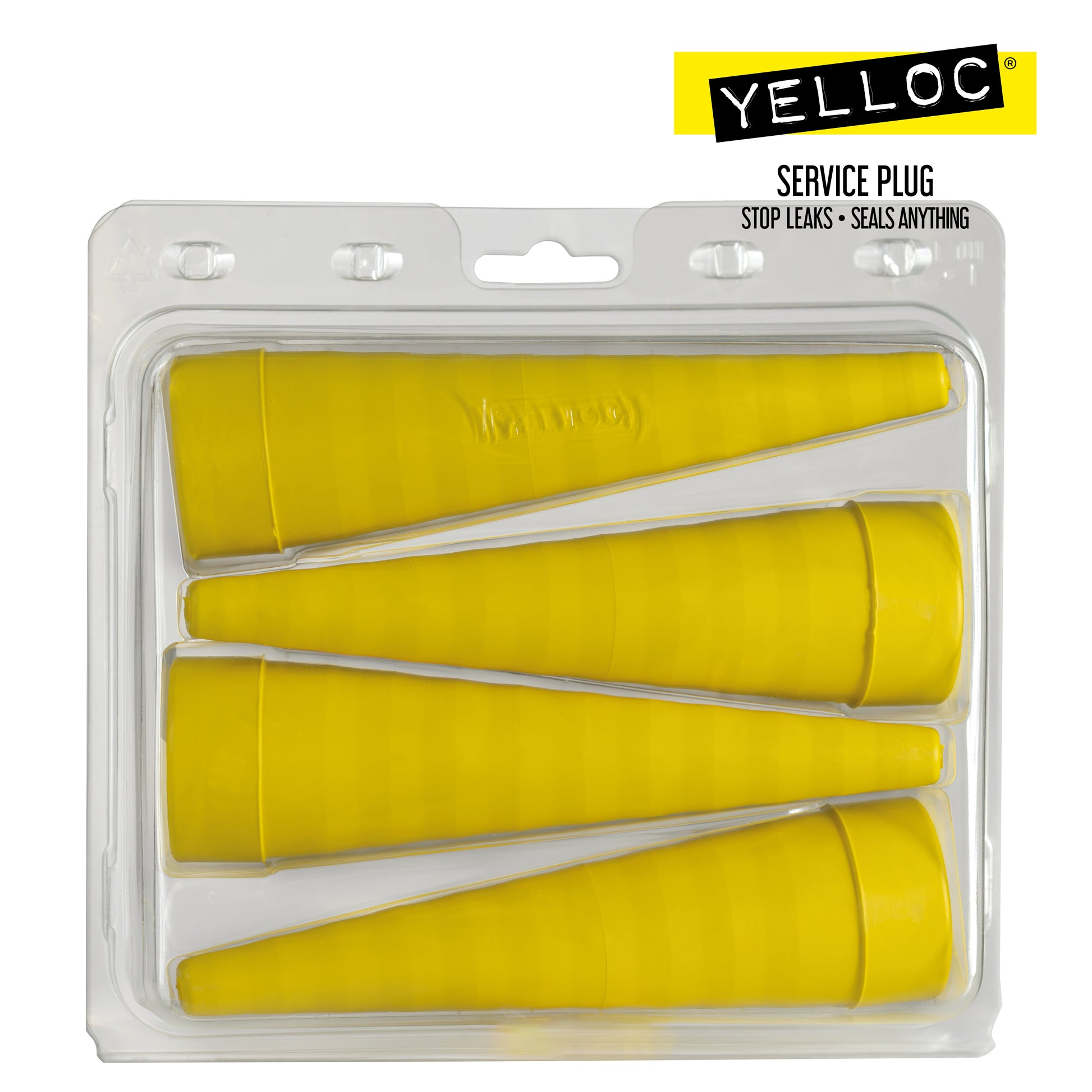 Box containing 4 units of Yelloc XL serviceplugs for heavy-duty pipe sealing.